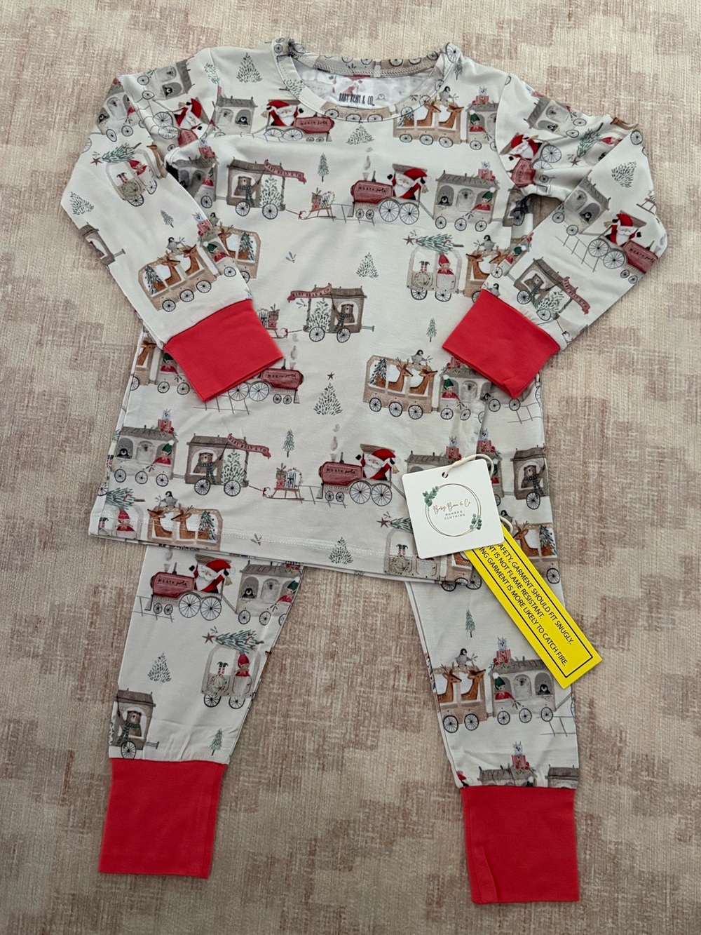 Santa Train Print Pajama Set - Red Cuffs Sz 3T